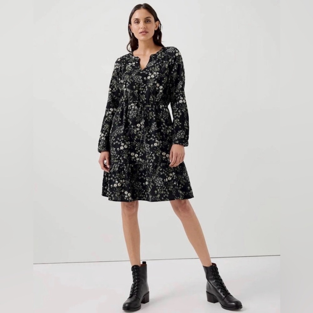 Pact Black Floral Long-Sleeve Knee Dress